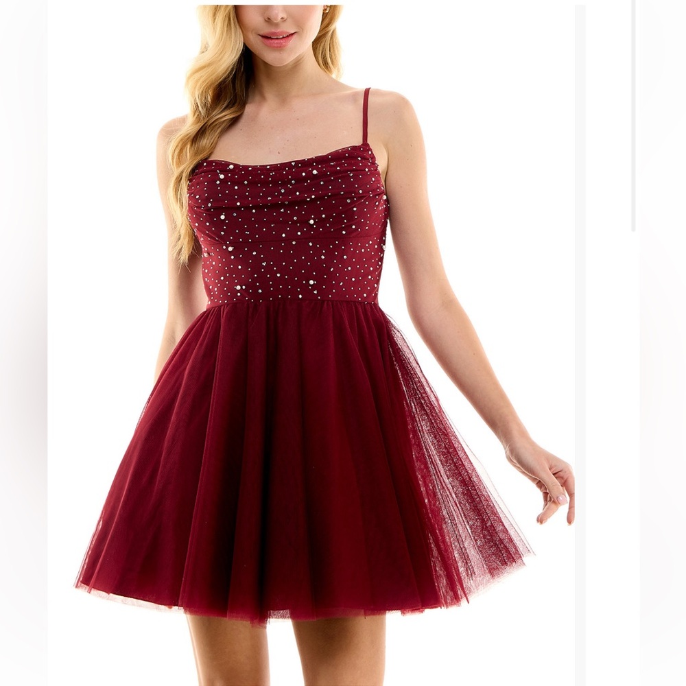 City Studios Women's Red Embellished-Bodice Fit & Flare Dress Juniors' Size 7/8